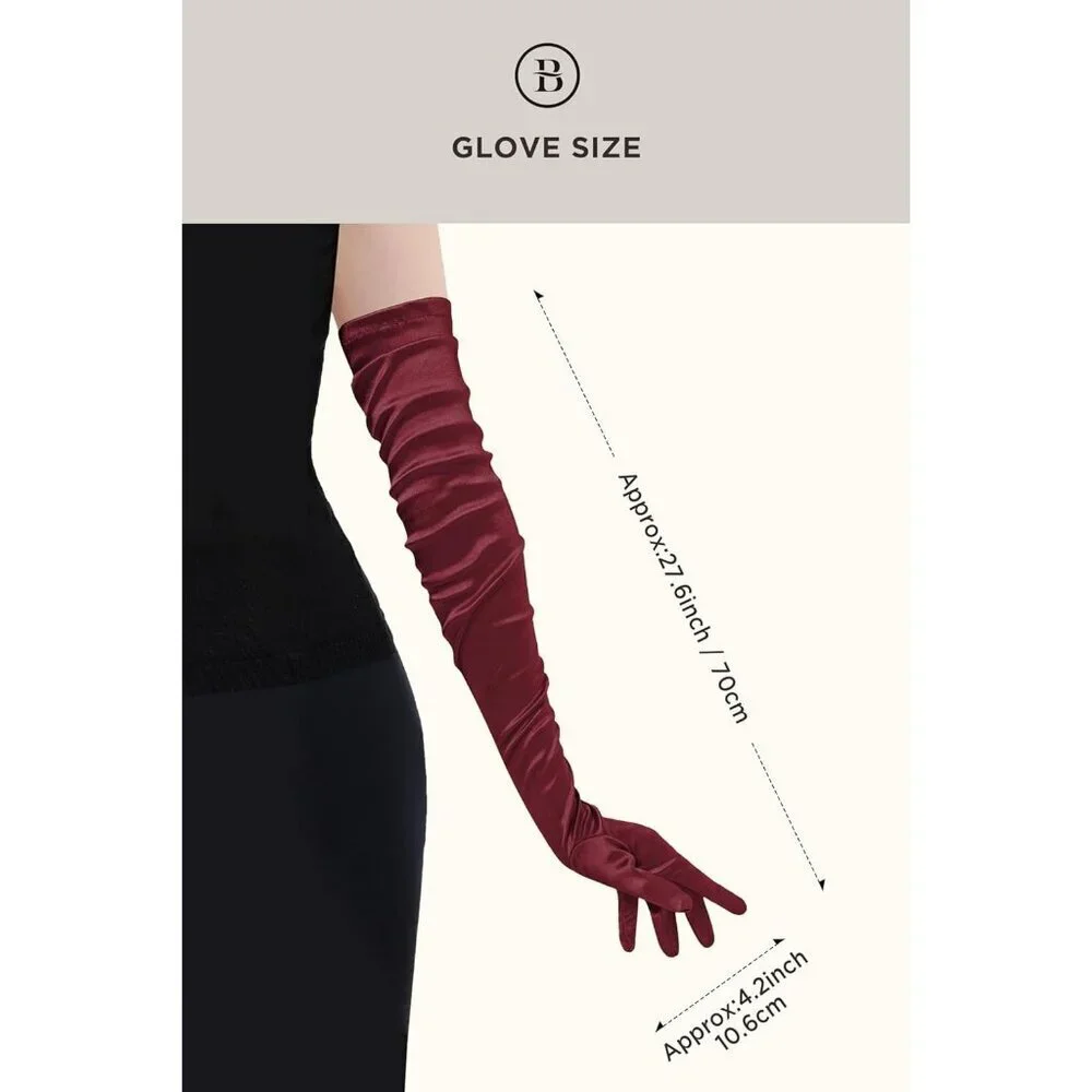 Women's Long Satin Gloves Dark Red Stretchy Upper Arm Length Costume Design